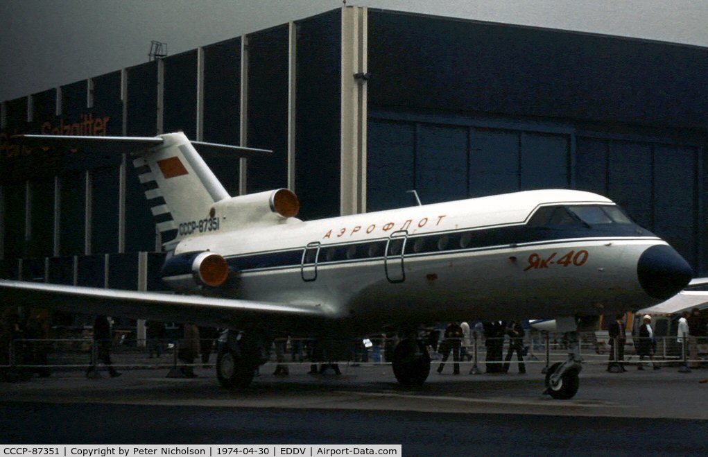 CCCP-87351, Yakovlev Yak-40 C/N 9412030, Yak-40 Codling of Aeroflot on display at the 1974 Hannover Airshow.