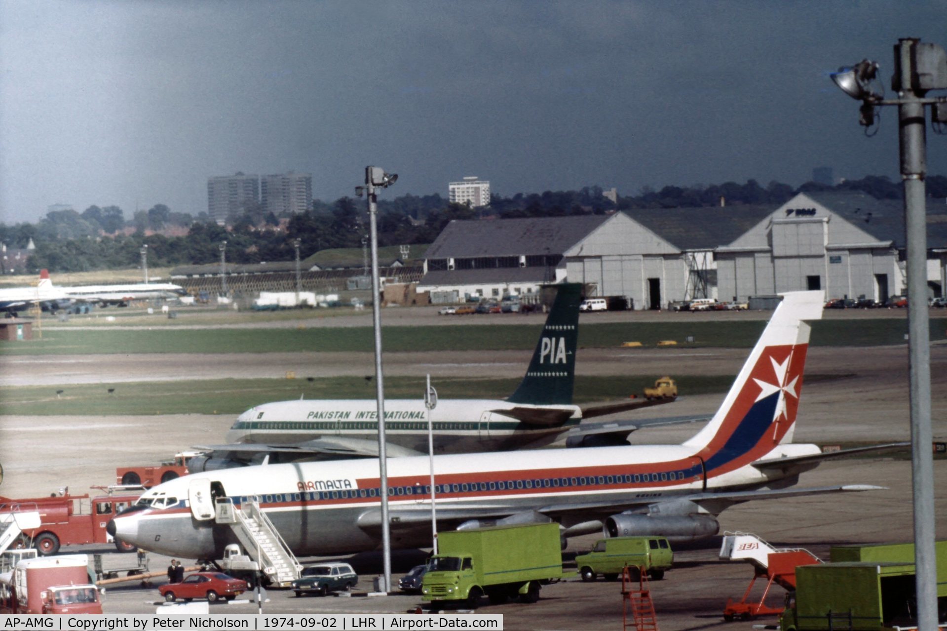 AP-AMG, 1961 Boeing 720-047B C/N 18378, Leased by Air Malta from Pakistan International Airways, this Boeing 720 was seen at Heathrow in September 1974.