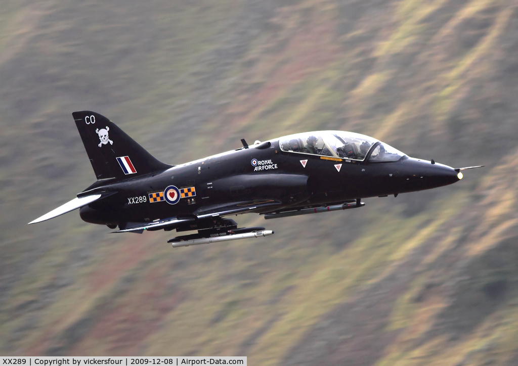 XX289, 1979 Hawker Siddeley Hawk T.1A C/N 115/312114, Royal Air Force. The 100 Squadron Commanding Officers aircraft appropriately coded 'CO'. Taken at low level in Cumbria.