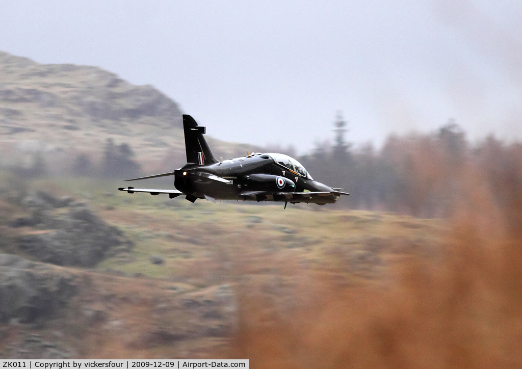 ZK011, 2006 British Aerospace Hawk T2 C/N RT002/1240, BAE Hawk T2 at low level along Thirlmere in Cumbria. It almost managed to escape my lens! It was on a test flight from BAE at Warton after refurbishment.