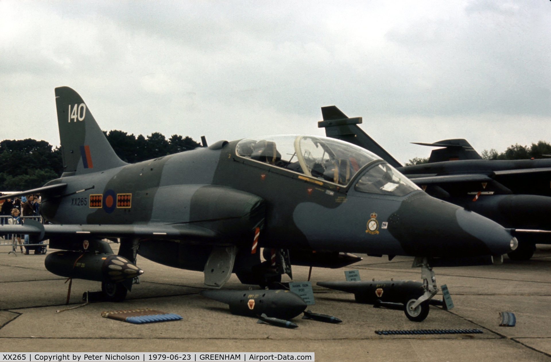 XX265, 1979 Hawker Siddeley Hawk T.1 C/N 101/312101, Hawk T.1 of 234 Squadron/1 Tactical Weapons Unit on display at the 1979 Intnl Air Tattoo at RAF Greenham Common.