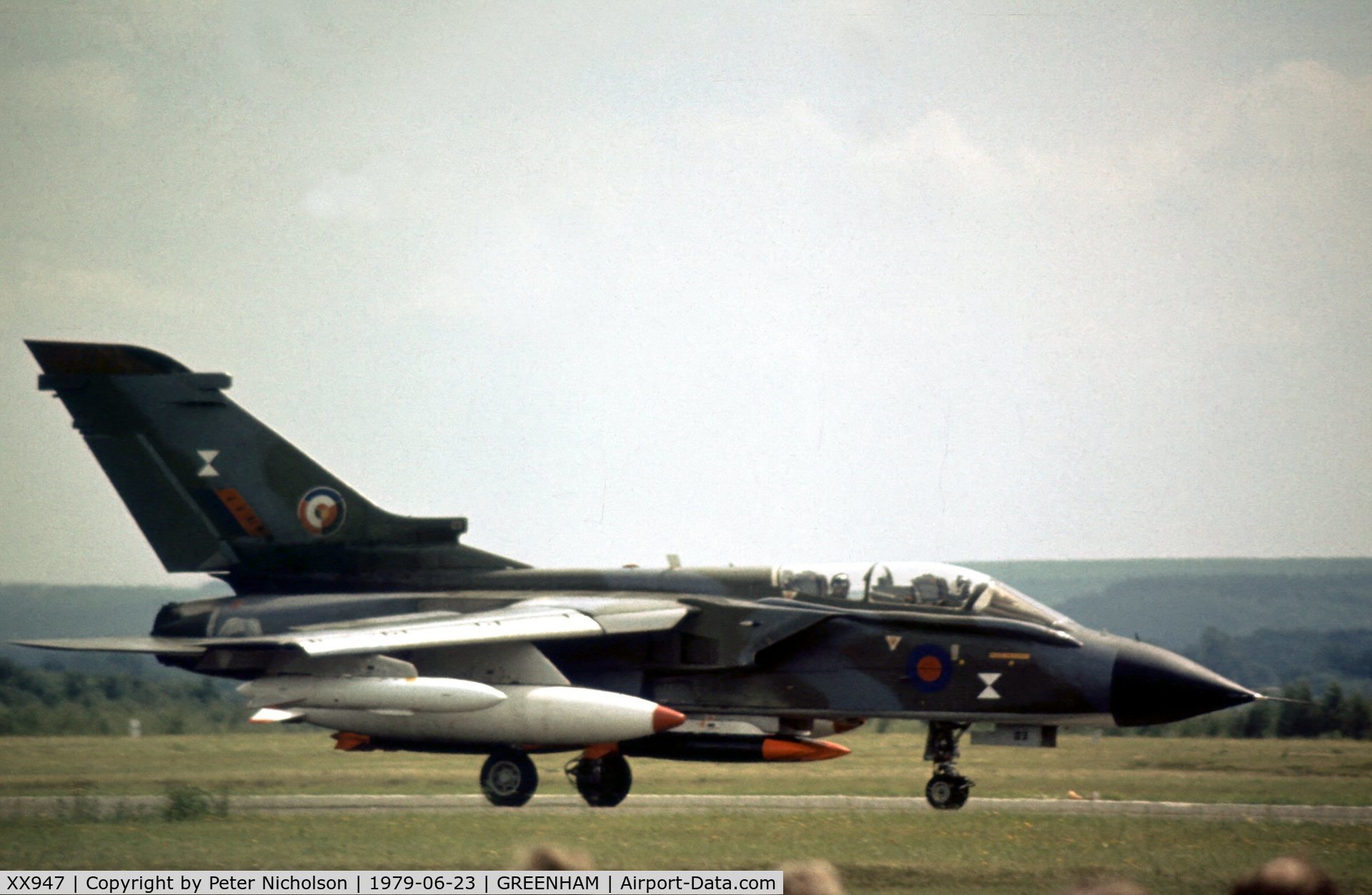 XX947, 1975 Panavia Tornado GR.1 C/N P.03, Tornado prototype P.03 taxying past the crowd line at the 1979 Intnl Air Tattoo at RAF Greenham Common.