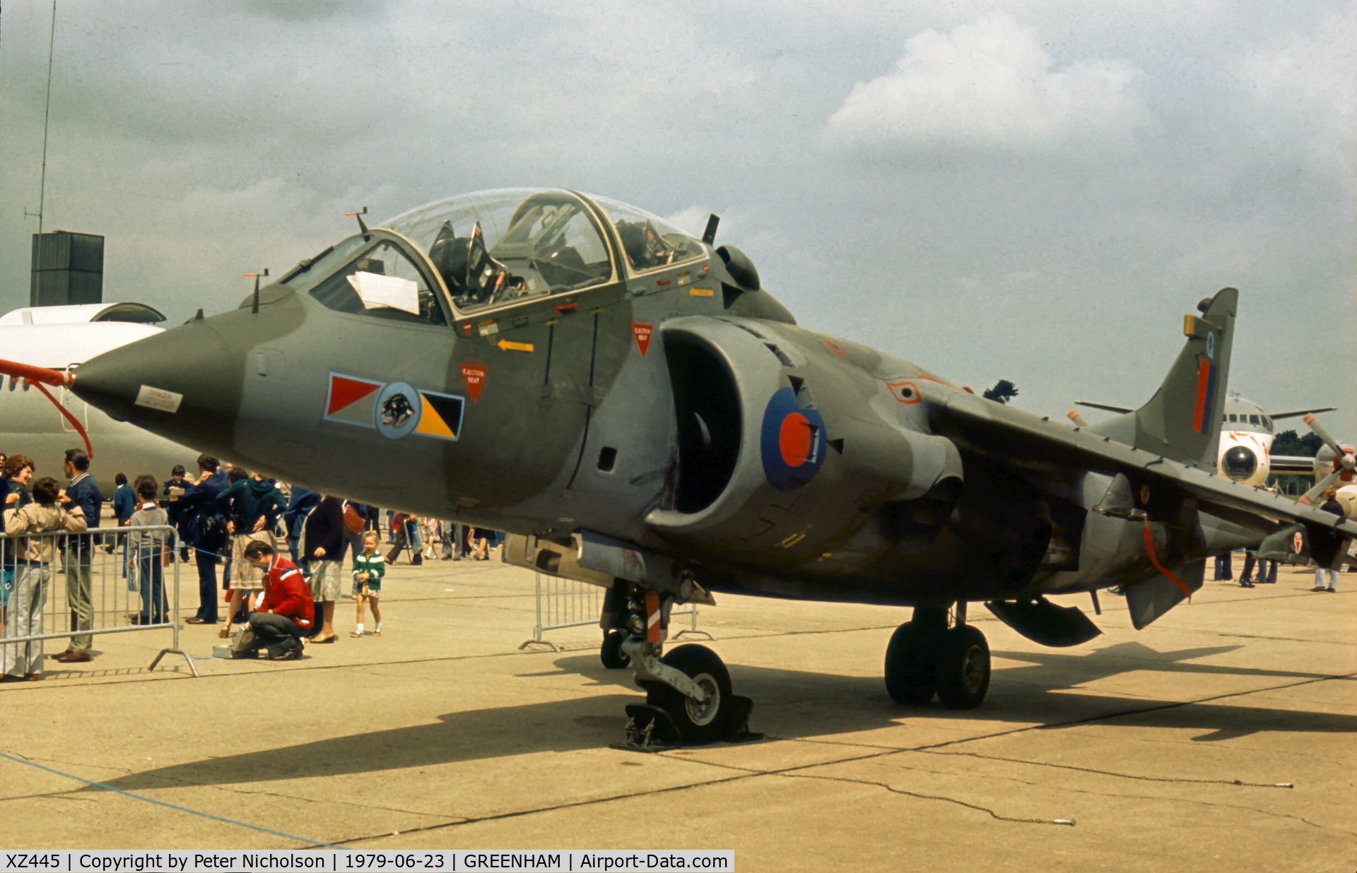 XZ445, 1979 British Aerospace Harrier T.4 C/N 212031, Harrier T.4 of 233 Operational Conversion Unit at RAF Wittering on display at the 1979 Intnl Air Tattoo at RAF Greenham Common.
