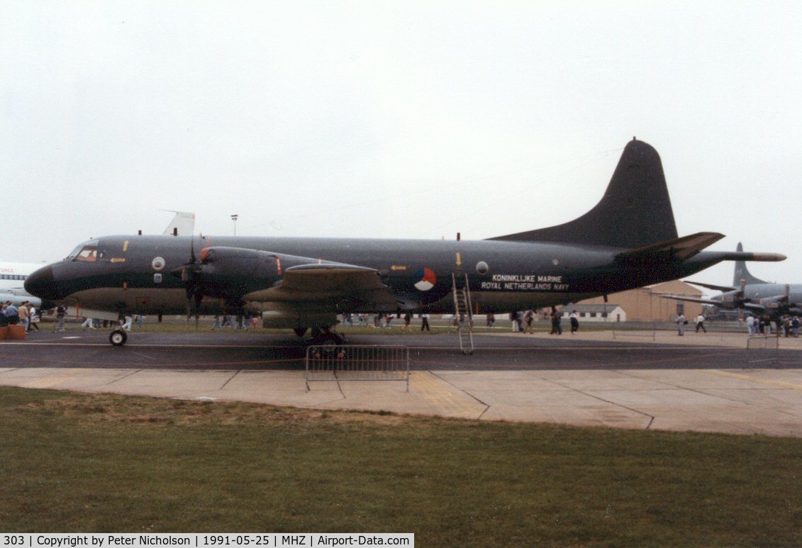 303, Lockheed P-3C Orion C/N 285E-5745, P-3C Orion of 320 Squadron Royal Netherlands Navy on display at the 1991 RAF Mildenhall Air Fete.