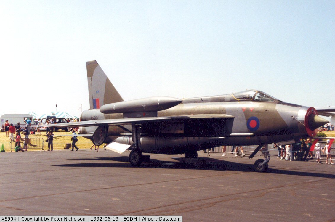 XS904, 1966 English Electric Lightning F.6 C/N 95250, Lightning F.6, callsign Tarnish 5, operated by British Aerospace on display at the 1992 Air Tournament Intnl at Boscombe Down - a year later it was preserved at Bruntingthorpe.