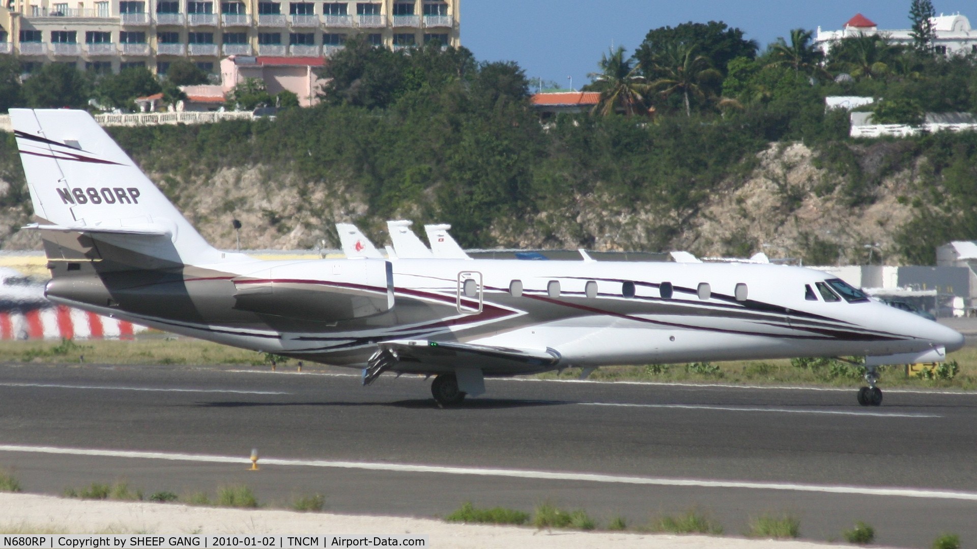 N680RP, 2008 Cessna 680 Citation Sovereign C/N 680-0239, N680RP just landed at TNCM and back tracking the active for parking
