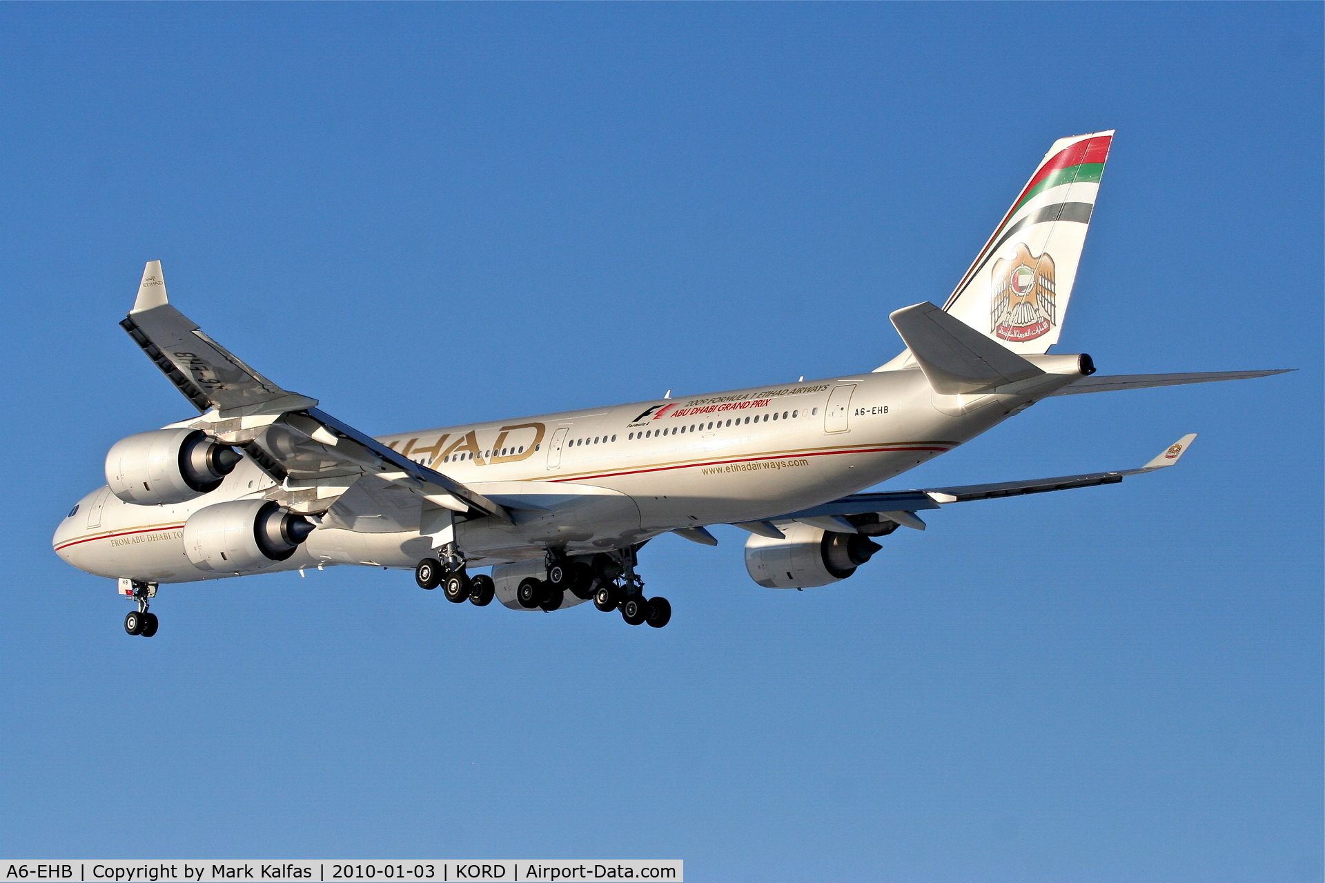 A6-EHB, 2006 Airbus A340-541 C/N 757, Etihad Airways A340-541, ETD151, arriving KORD RWY 28 from OMAA (Abu Dhabi).