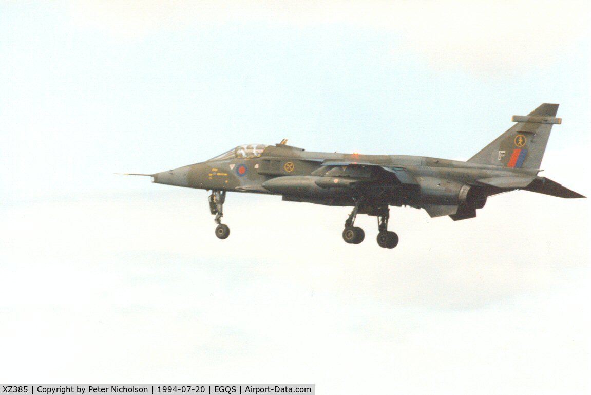 XZ385, 1977 Sepecat Jaguar GR.1A C/N S.150, Jaguar GR.1A of 16[R] Squadron on final approach at Lossiemouth in the Summer of 1994.