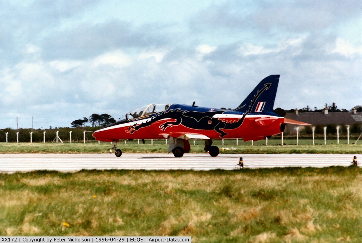 XX172, 1977 Hawker Siddeley Hawk T.1 C/N 019/312019, St. Athan Station Flight's Hawk T.1, adorned with the Welsh dragon, ready for departure at Lossiemouth in April 1996