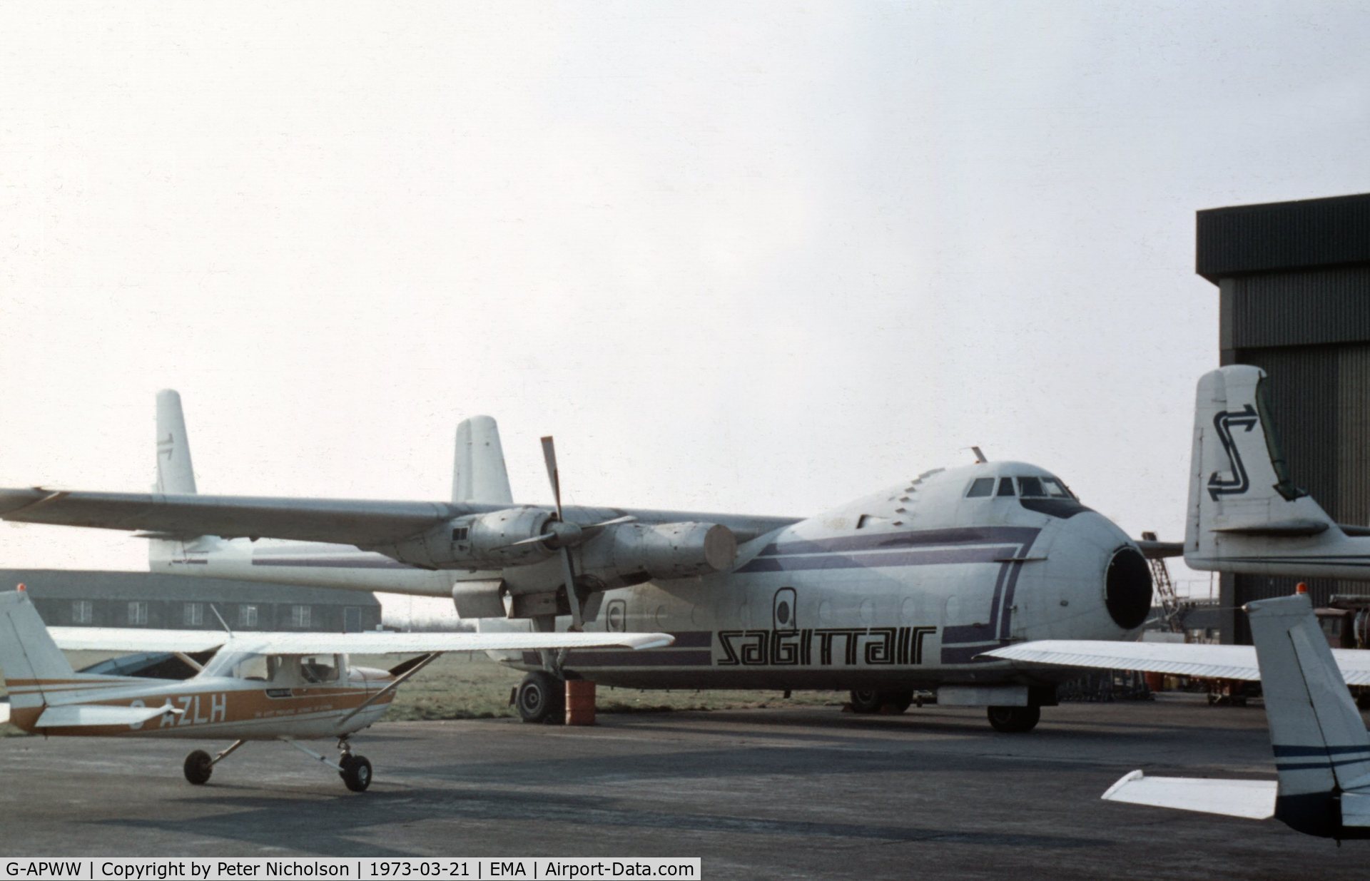 G-APWW, 1960 Armstrong Whitworth AW650 Argosy 101 C/N 6656, Argosy 101 of Sagittair at East Midlands Airport in March 1973 - this carrier ceased operations on September 8, 1972 and in May 1974 this Argosy transfered to Australia as VH-BBA.