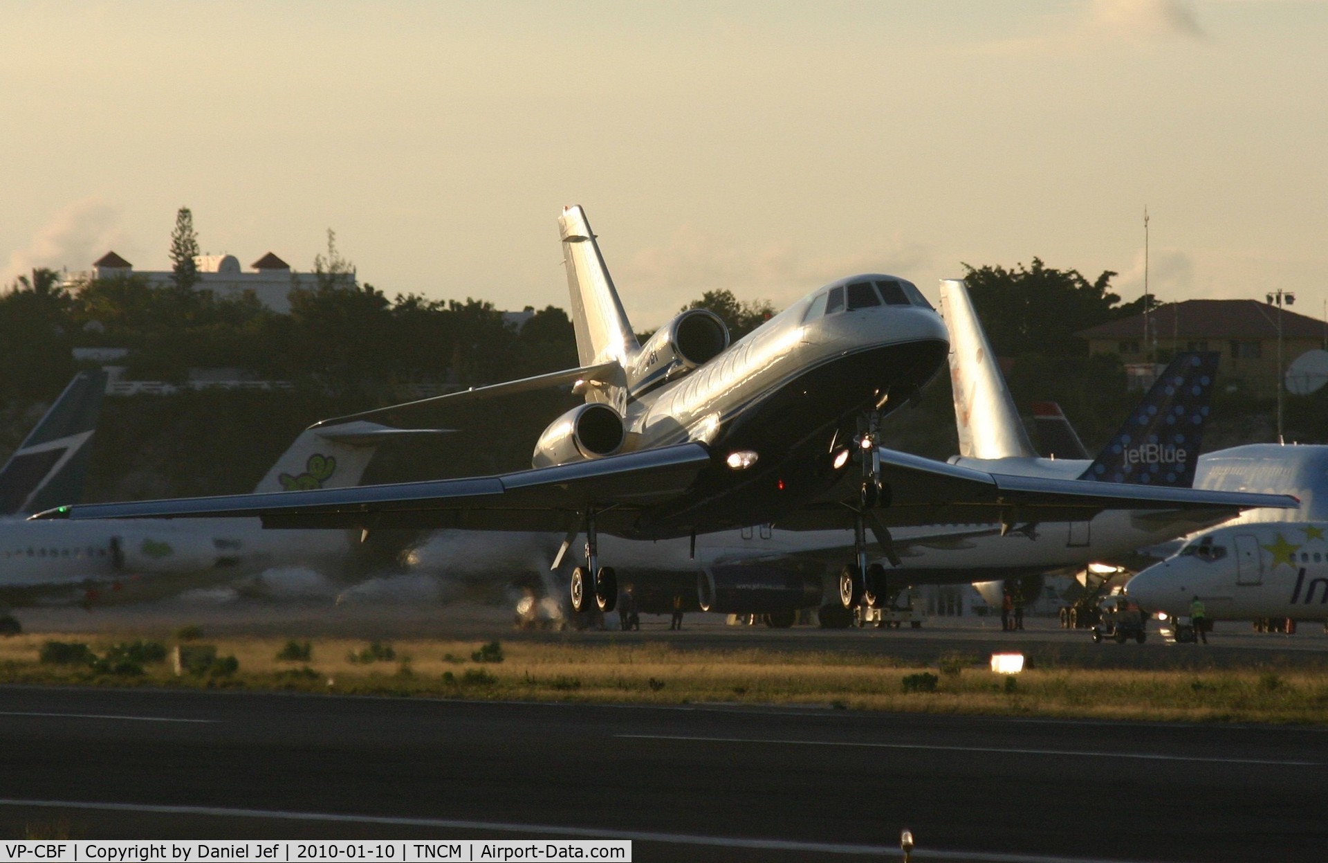 VP-CBF, Dassault Falcon 50E C/N 311, VP-CBF departing TNCM late afternoon