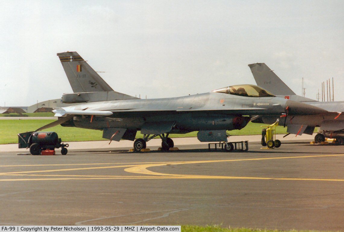 FA-99, SABCA F-16AM Fighting Falcon C/N 6H-99, F-16A Falcon of 2 Wing Belgian Air Force on the flight-line at the 1993 Mildenhall Air Fete.