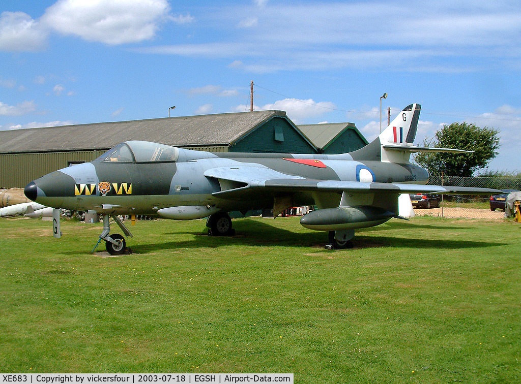 XE683, 1956 Hawker Hunter F.51 C/N 41H/680271, City of Norwich Aviation Museum. Former Royal Danish Air Force Hunter F51 (c/n 41H/680268) painted as 74 Squadron 'XE683' with code 'G'.