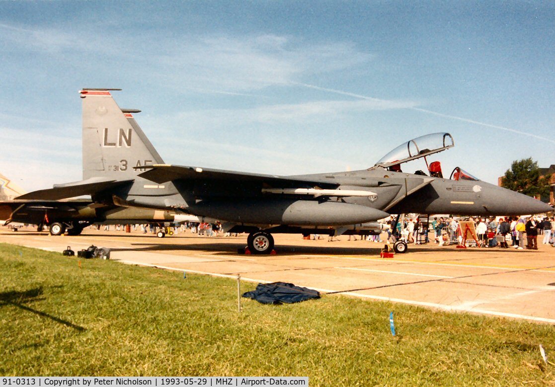 91-0313, 1991 McDonnell Douglas F-15E Strike Eagle C/N 1220/E178, F-15E Eagle of 48th Fighter Wing with 3rd Air Force tail markings in the static park at the 1993 Mildenhall Air Fete.