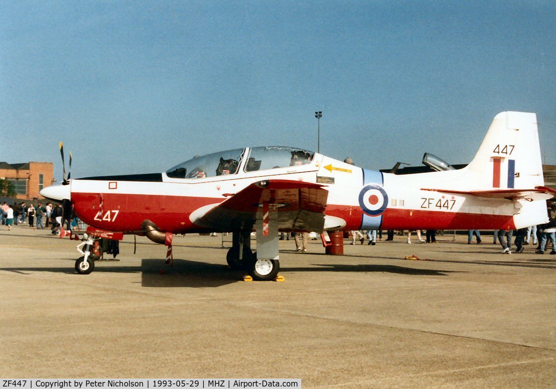 ZF447, 1992 Short S-312 Tucano T1 C/N S140/T111, Tucano T.1 of 3 Flying Training School on display at the 1993 Mildenhall Air Fete.