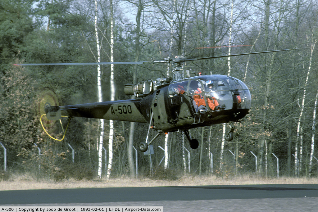 A-500, Aerospatiale SA-316B Alouette III C/N 1500, Alouette III pilots in bright orange overalls often were Dutch Navy pilots undergoing helicopter training with the KLu.