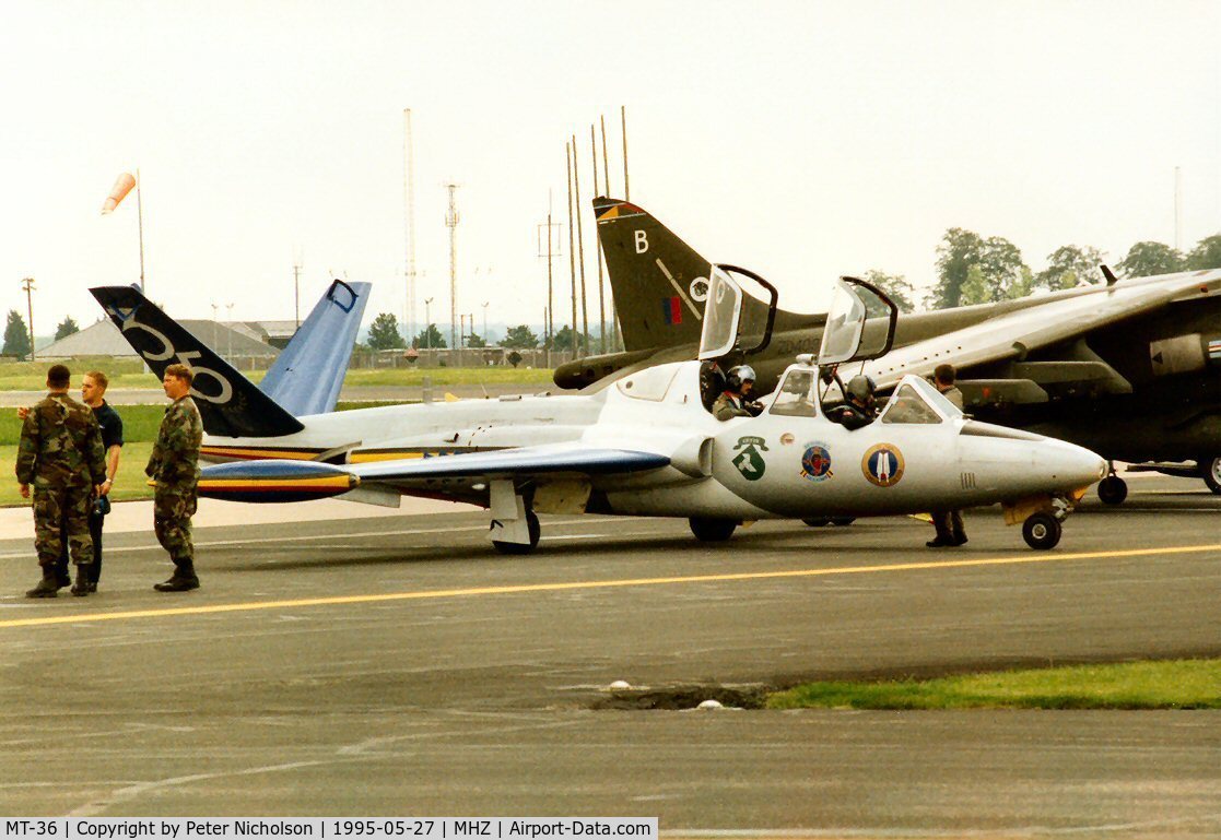 MT-36, Fouga CM-170R Magister C/N 293, CM.170R Magister with 35th anniversary tail markings of 33 Squadron Belgian Air Force on the flight-line at the 1995 Mildenhall Air Fete.