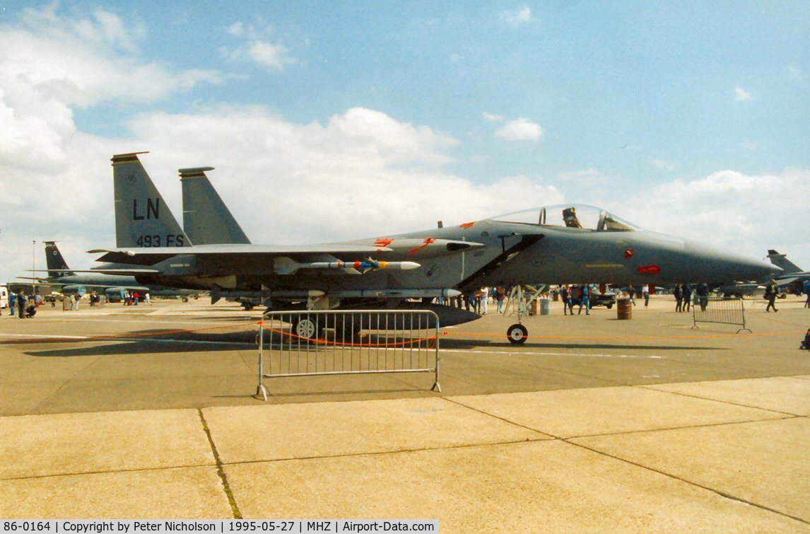 86-0164, 1986 McDonnell Douglas F-15C Eagle C/N 1011/C392, F-15C Eagle, callsign Deadly 21, of 493rd Fighter Squadron/48th Fighter Wing at RAF Lakenheath on display at the 1995 Mildenhall Air Fete.