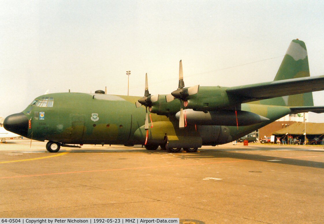 64-0504, 1964 Lockheed C-130E Hercules C/N 382-3988, C-130E Hercules from the 317th Airlift Wing at Pope AFB on deployment to Mildenhall on display at the 1992 Mildenhall Air Fete.