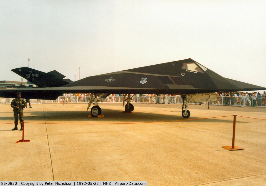 85-0830, 1985 Lockheed F-117A Nighthawk C/N A.4052, F-117A Nighthawk of 37th Fighter Wing in the static park at the 1992 Mildenhall Air Fete.