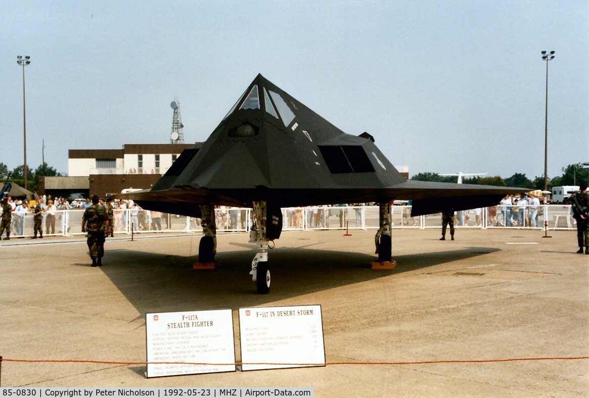 85-0830, 1985 Lockheed F-117A Nighthawk C/N A.4052, F-117A Nighthawk of the 37th Fighter Wing at Tonopah on display at the 1992 Mildenhall Air Fete.