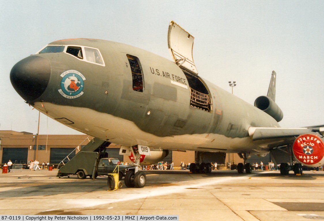87-0119, 1987 McDonnell Douglas KC-10A Extender C/N 48305, KC-10A Extender of 6th Air Refuelling Squadron/22nd Air Refuelling Wing in the static park at the 1992 Mildenhall Air Fete.