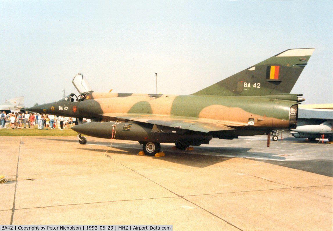 BA42, SABCA Mirage 5BA C/N 42, Mirage 5BA of 42 Squadron Belgian Air Force in the static park at the 1992 Mildenhall Air Fete.