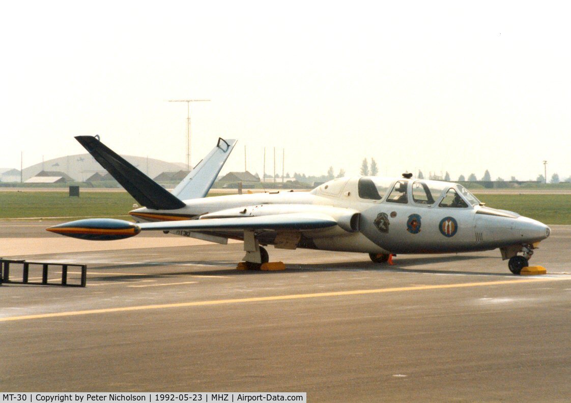 MT-30, Fouga CM-170 Magister C/N 287, Magister of 33 Squadron Belgian Air Force in 30th anniversary markings on the flight-line at the 1992 Mildenhall Air Fete.