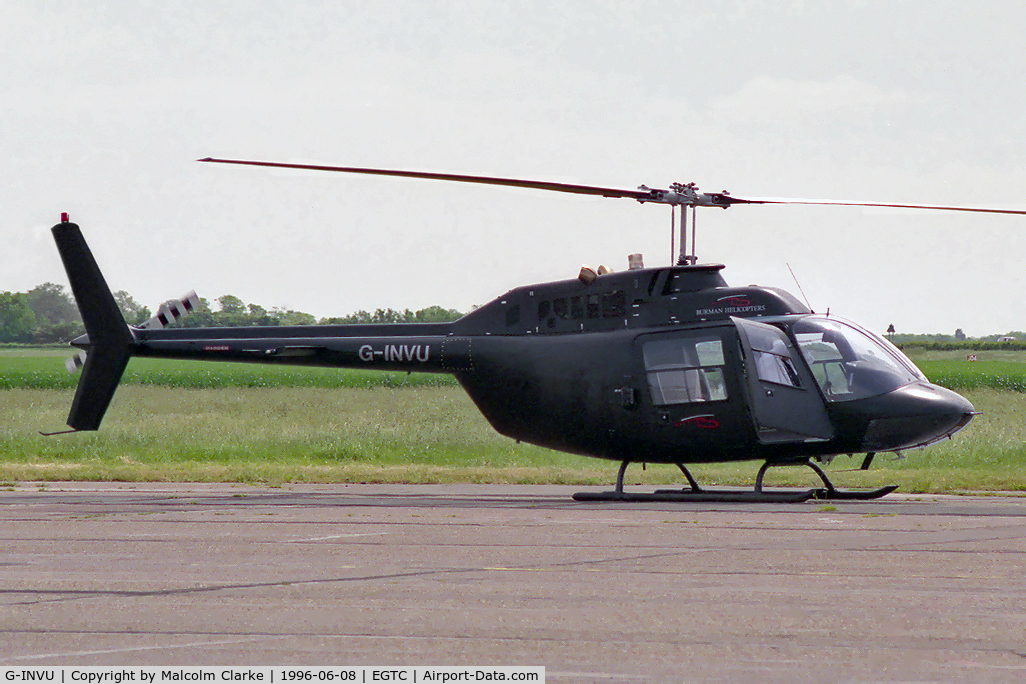 G-INVU, 1976 Agusta AB-206B JetRanger II C/N 8530, Agusta Bell 206B at Cranfield in 1996.