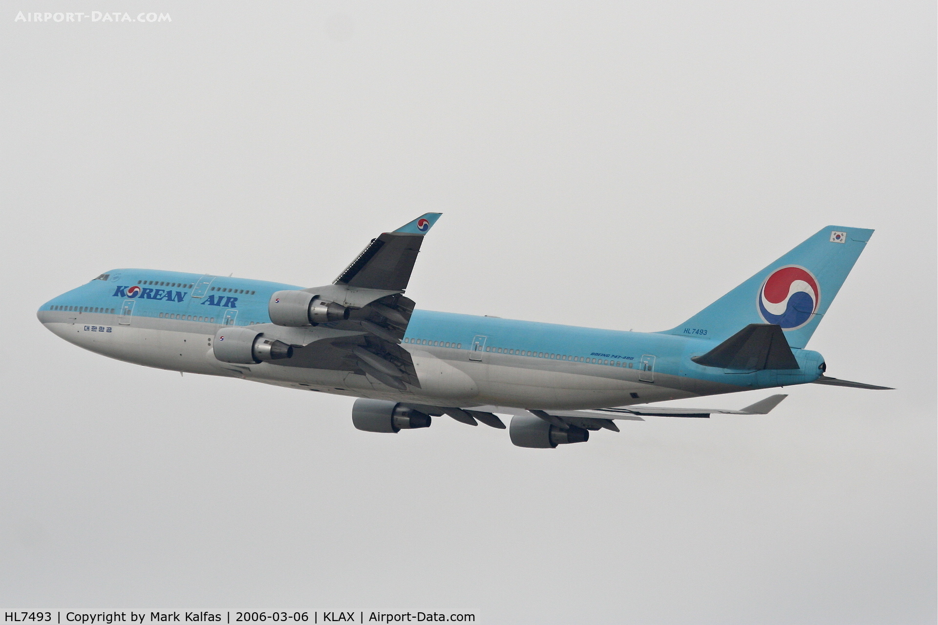 HL7493, 1995 Boeing 747-4B5 C/N 26398, Korean Airlines Boeing 747-4B5, 25R departure KLAX.