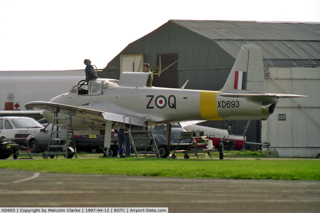 XD693, 1956 Hunting Percival P-84 Jet Provost T.1 C/N PAC/84/011, Hunting Percival P-84 Jet Provost T1 at the VAT facility, Cranfield Airfield in 1994.