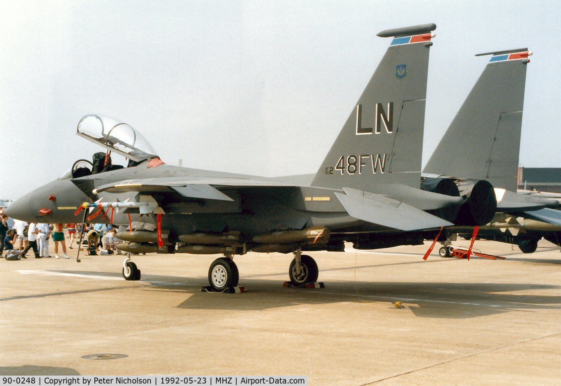 90-0248, 1990 McDonnell Douglas F-15E Strike Eagle C/N 1183/E150, F-15E Eagle of the 492nd Fighter Squadron/48th Fighter Wing on display at the 1992 Mildenhall Air Fete.
