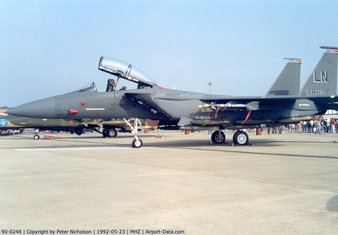 90-0248, 1990 McDonnell Douglas F-15E Strike Eagle C/N 1183/E150, Another view of the 492nd Fighter Squadron F-15E Eagle in the static park at the 1992 Mildenhall Air Fete.