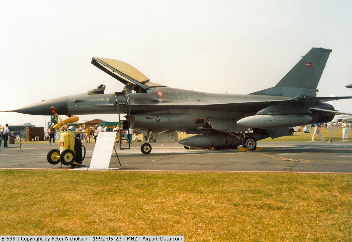 E-599, 1980 SABCA F-16AM Fighting Falcon C/N 6F-34, F-16A Falcon of Esk 730 Royal Danish Air Force on display at the 1992 Mildenhall Air Fete.
