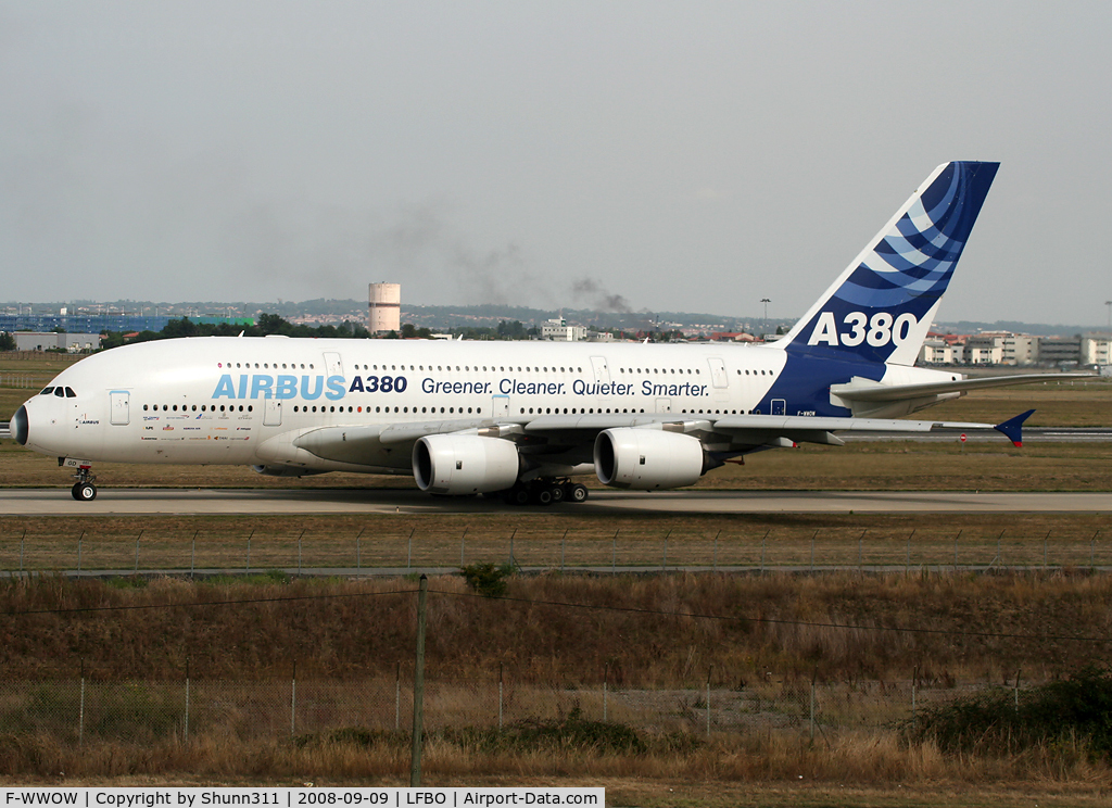 F-WWOW, 2005 Airbus A380-841 C/N 001, C/n 001 - With 'Greener, Cleaner, Quieter, Smarter' titles and new modified companies logojet on fuselage...