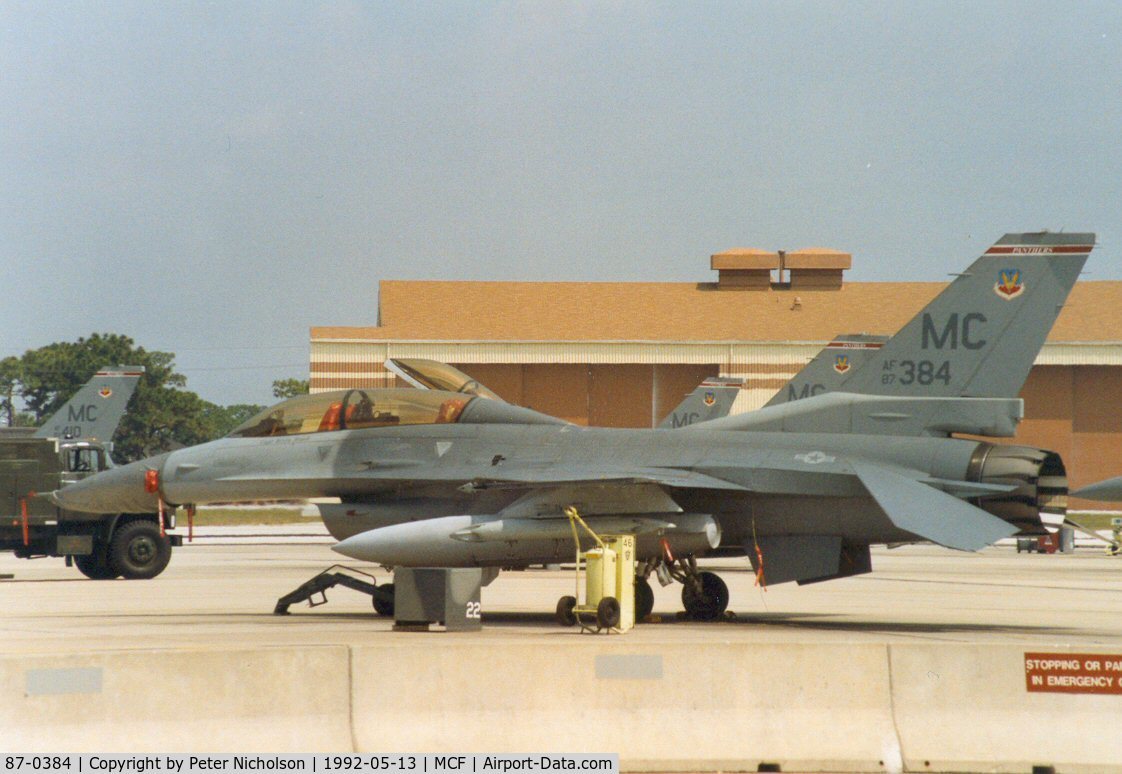 87-0384, 1987 General Dynamics F-16D Fighting Falcon C/N 5D-78, F-16D Falcon of 63rd Fighter Squadron/56th Fighter Wing at MacDill AFB in May 1992.