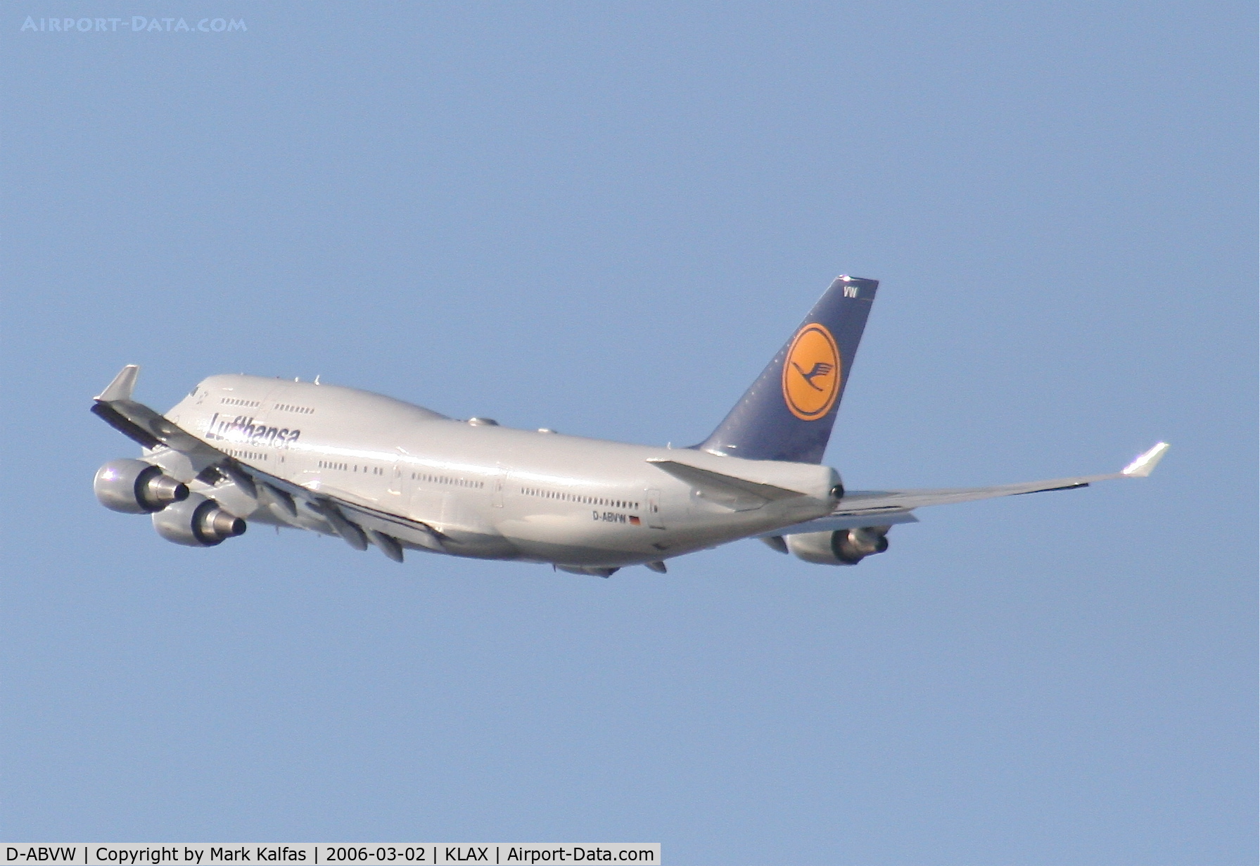 D-ABVW, 1999 Boeing 747-430 C/N 29493, Lufthansa Boeing 747-430, 25R departure KLAX.