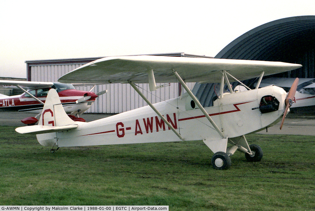 G-AWMN, 1987 Luton LA-4A Minor C/N PFA 827, Luton LA.4 Minor at Cranfield Airfield in 1988.