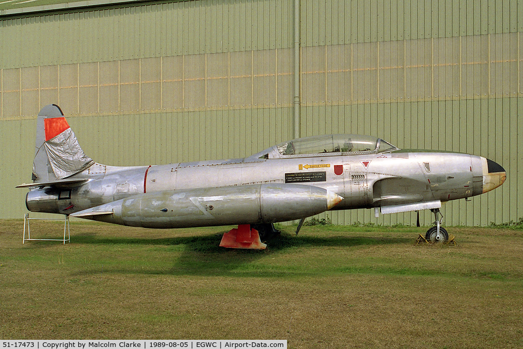 51-17473, 1951 Lockheed T-33A Shooting Star C/N 580-7367, Lockheed T-33A at The Aerospace Museum, RAF Cosford in 1989.