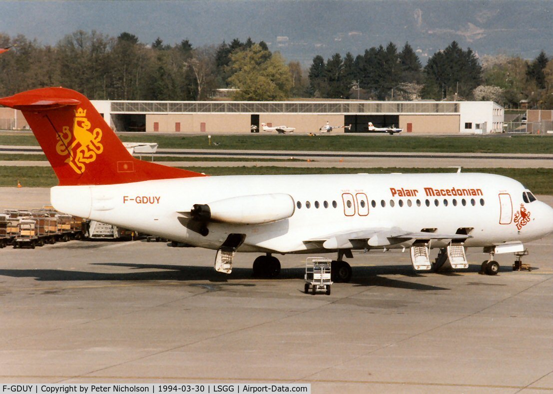 F-GDUY, 1979 Fokker F-28-4000 Fellowship C/N 11142, Fellowship 4000 on lease to Palair Macedonian Airlines at the terminal at Geneva in March 1994.