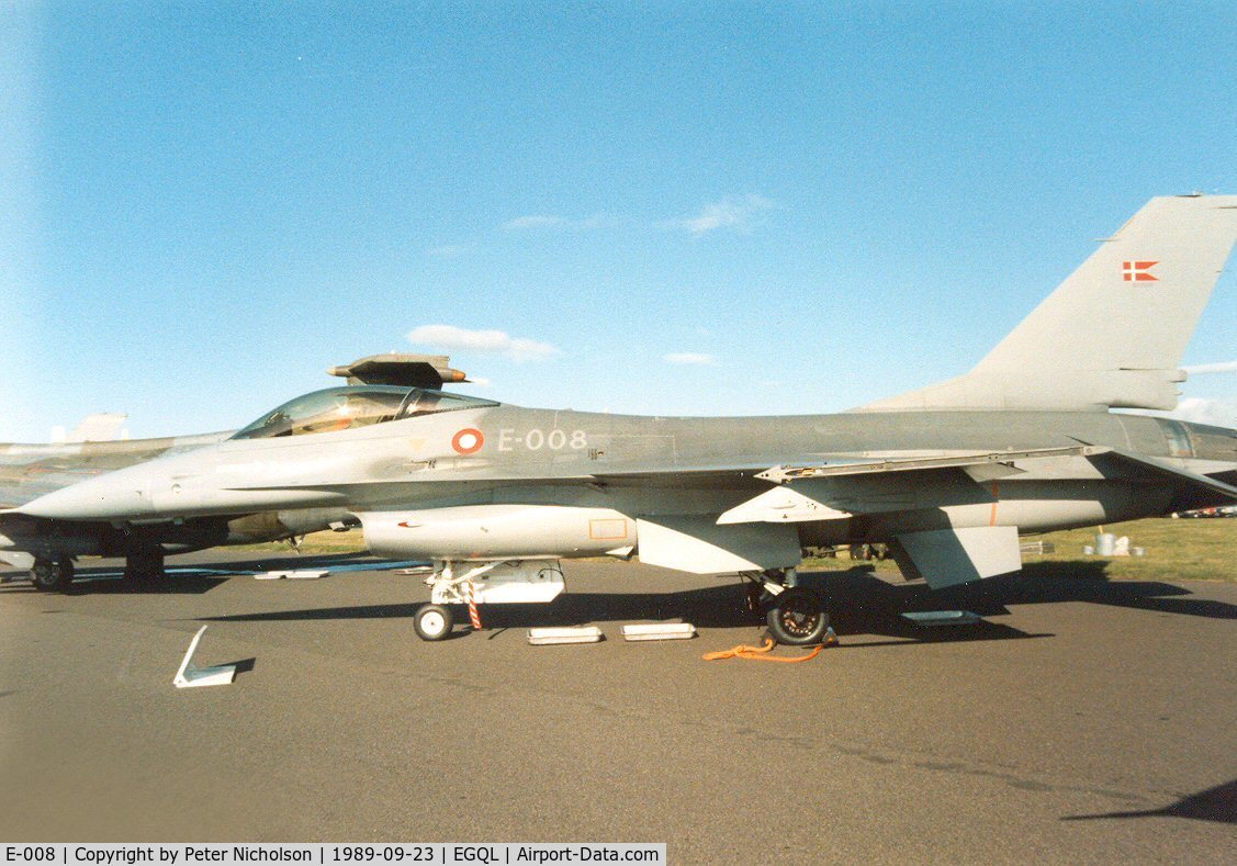 E-008, 1987 Fokker F-16A Fighting Falcon C/N 6F-51, F-16A Falcon of Esk 726 Royal Danish Air Force in the static park at the 1989 RAF Leuchars Airshow.