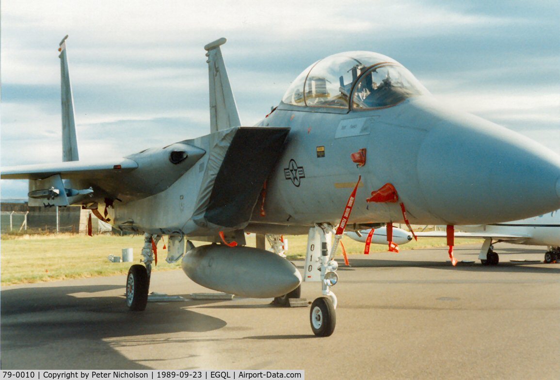 79-0010, 1979 McDonnell Douglas F-15D Eagle C/N 0596/D021, F-15D Eagle of 22nd Tactical Fighter Squadron/36th Tactical Fighter Wing based at Bitburg on display at the 1989 RAF Leuchars Airshow.