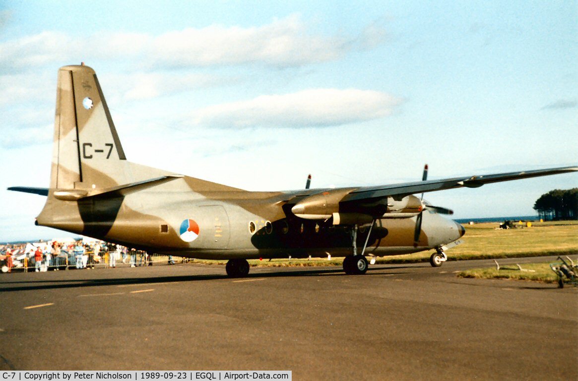 C-7, 1960 Fokker F-27-300M Troopship C/N 10157, F-27 Troopship of 334 Squadron Royal Netherlands Air Force on display at the 1989 RAF Leuchars Airshow.