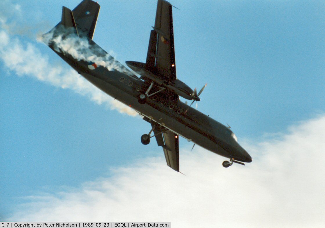 C-7, 1960 Fokker F-27-300M Troopship C/N 10157, A steep approach by the Troopship at the 1989 RAF Leuchars Airshow with smoke generators to show his aerobatics to good advantage.