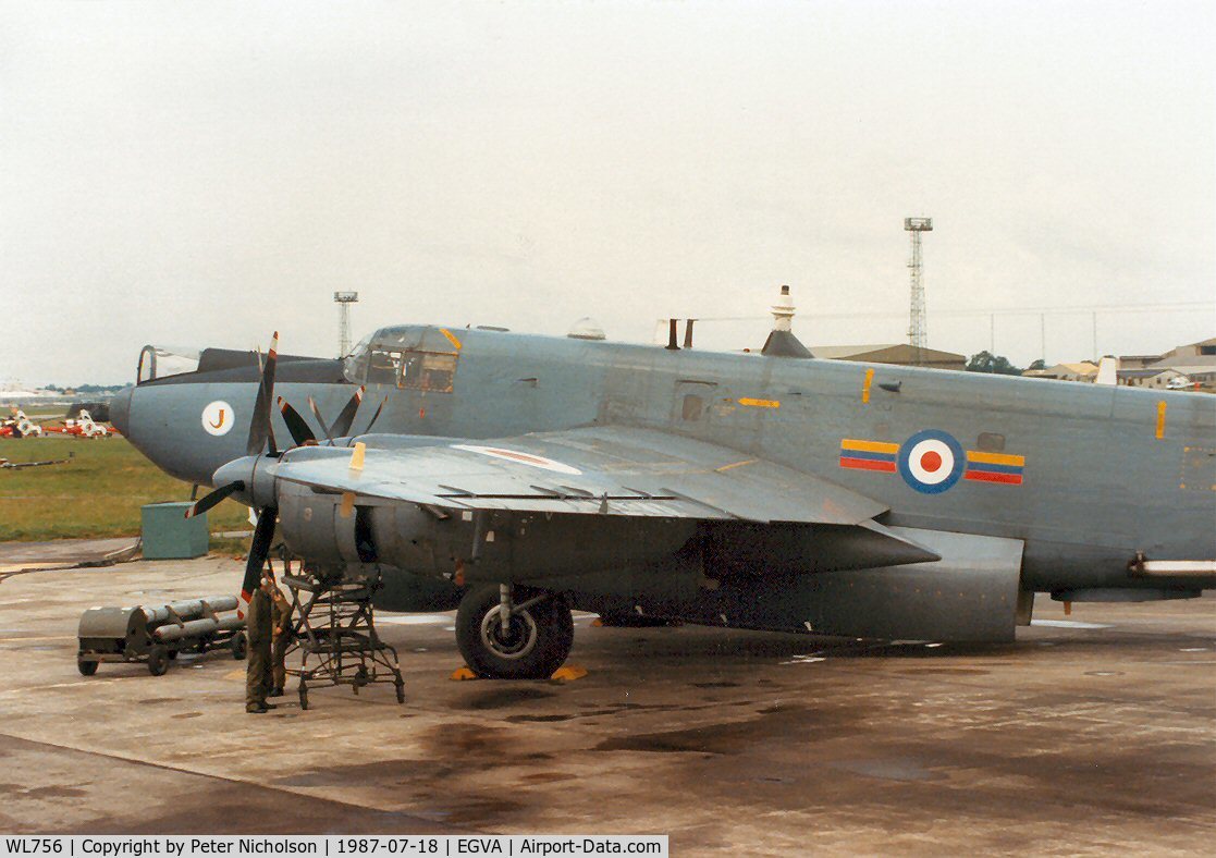 WL756, 1953 Avro 716 Shackleton AEW.2 C/N R3/696/239002, Shackleton AEW.2 of RAF Lossiemouth's 8 Squadron on the flight-line at the 1987 Intnl Air Tattoo at RAF Fairford.