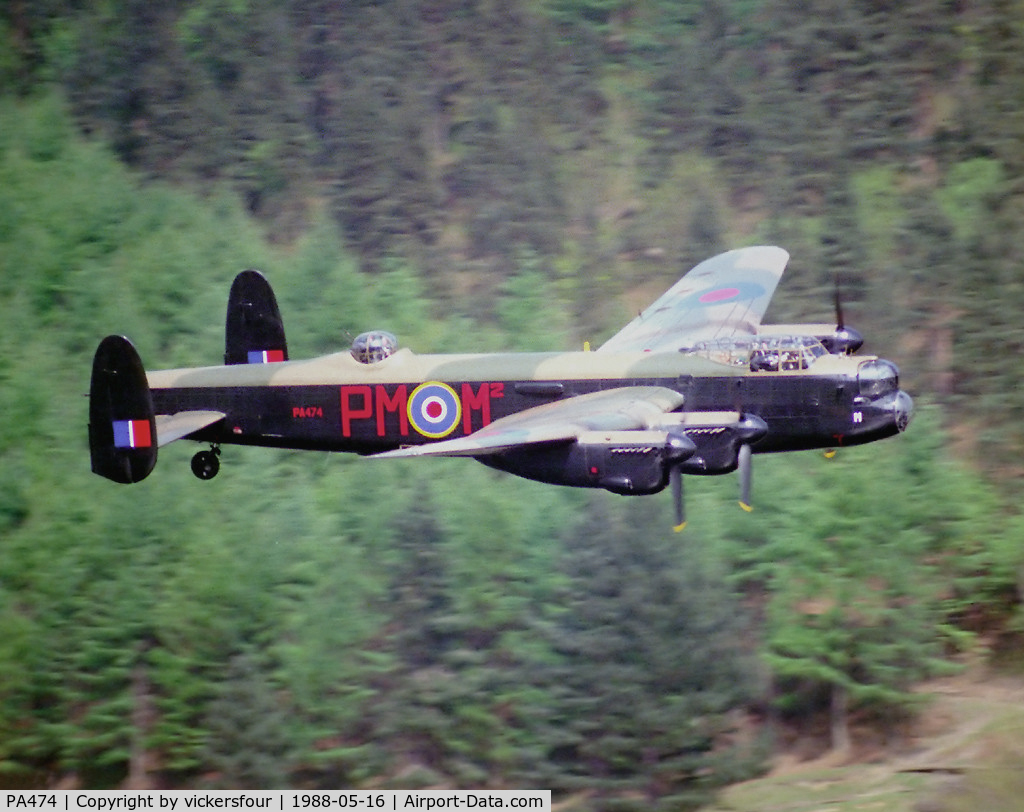 PA474, 1945 Avro 683 Lancaster B1 C/N VACH0052/D2973, Low level flypast over the Derwent Dam, Derbyshire to mark the 45th Anniversary of the 'Dambusters' raid 16/17-05-43. Wearing 103 Squadron codes.