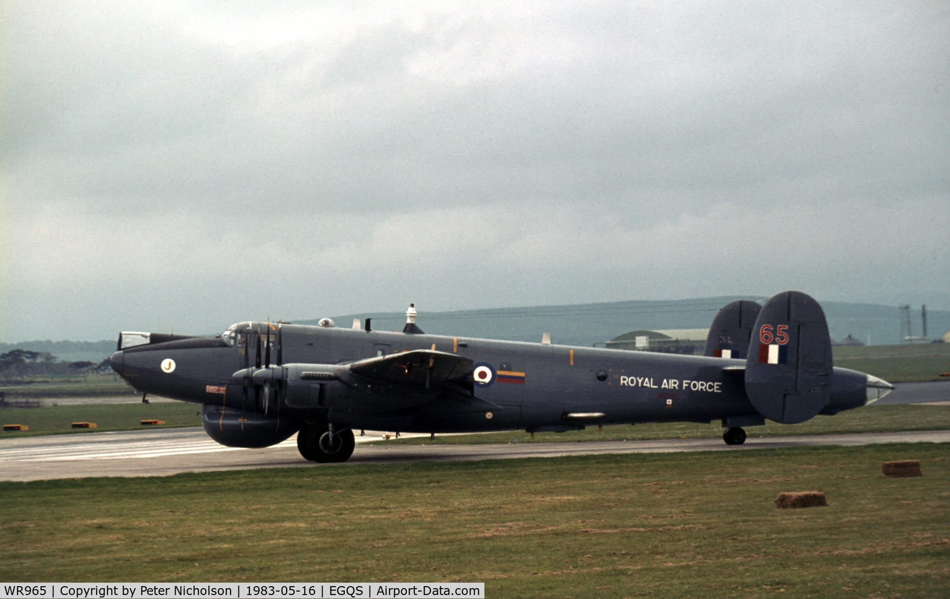 WR965, 1954 Avro 716 Shackleton AEW.2 C/N Not found WR965, Shackleton AEW.2 of 8 Squadron joining the active runway at RAF Lossiemouth in May 1983.
