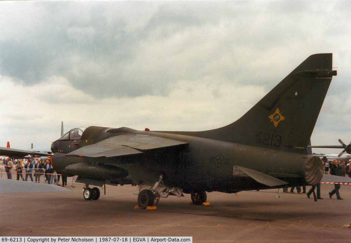 69-6213, 1969 LTV A-7D Corsair II C/N D-043, A-7D Corsair, callsign Taco 21, of 188th Tactical Fighter Squadron New Mexico ANG in the static park at the 1987 Intnl Air Tattoo at RAF Fairford.