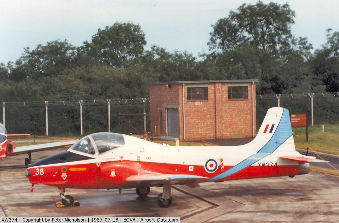 XW374, 1969 BAC 84 Jet Provost T.5A C/N EEP/JP/1024, Jet Provost T.5A, callsign Poacher, of the RAF College at Cranwell on the flight-line at the 1987 Intnl Air Tattoo at RAF Fairford.