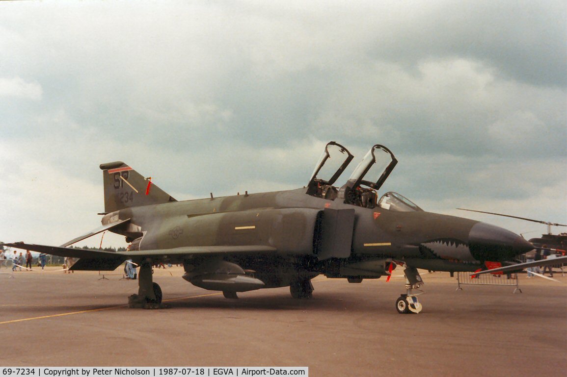 69-7234, 1969 McDonnell Douglas F-4G Phantom II C/N 3902, F-4G Phantom, callsign Sonic 1, of 480th Tactical Fighter Squadron/52nd Tactical Fighter Wing at Spangdahlem on display at the 1987 Intnl Air Tattoo at RAF Fairford.